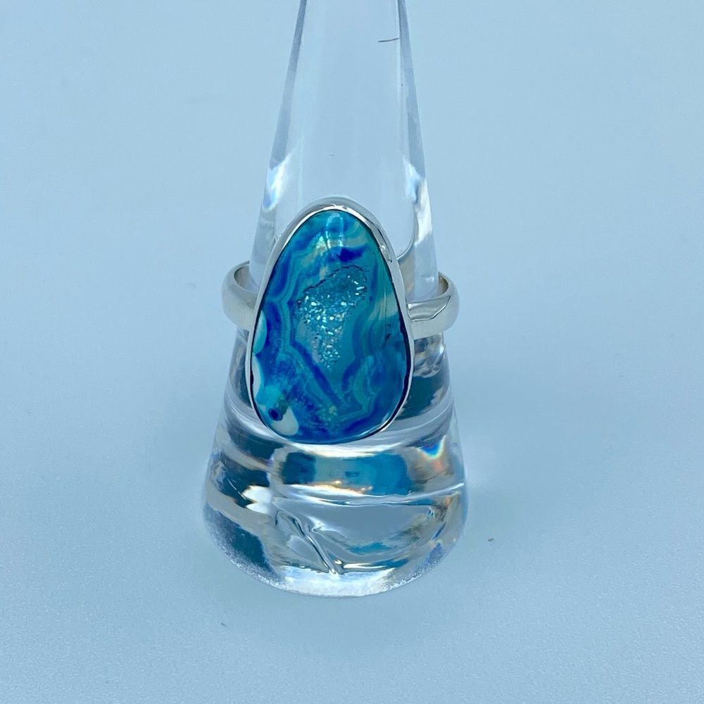 Marine Blue Aura Druzy Sterling Silver Ring Jewelry Size 9